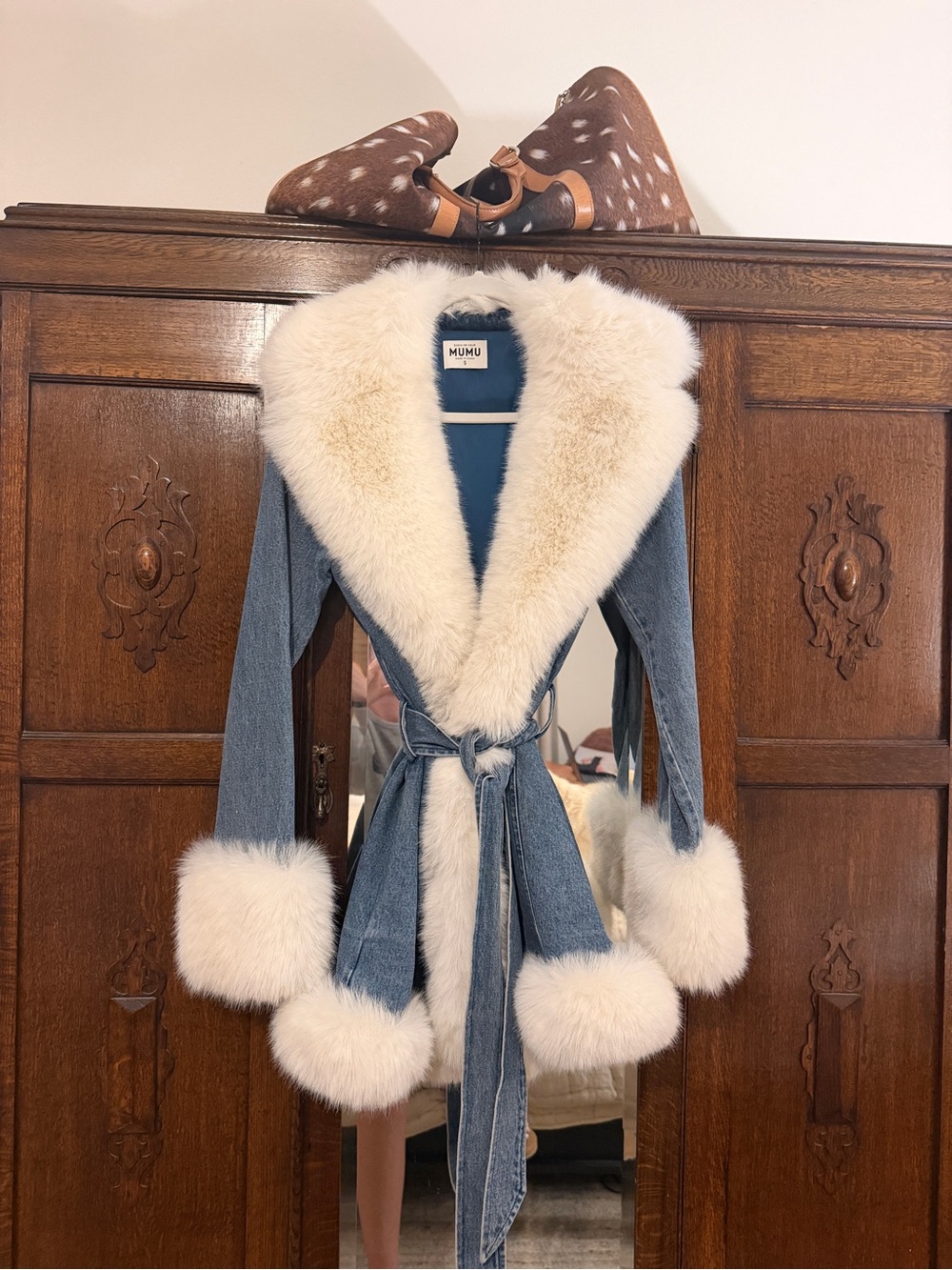 Show Me Your MuMu Blue Denim Jacket with Cream Faux Fur Trim
